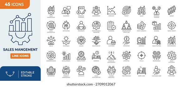 Conjunto de ícones editáveis da linha de gerenciamento de vendas. Contém ícones relacionados a CRM, Processo Empresarial, marketing, equipe de vendas, curso efetivo e muito mais. editável. Ilustração vetorial