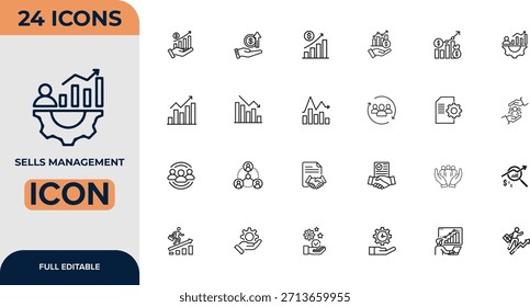 Conjunto de iconos editables de la línea de gestión de ventas. conjunto de iconos del equipo de ventas con trabajo en equipo, objetivo, negociación, Cliente, objetivo, relaciones, rendimiento, análisis y gráficos de crecimiento empresarial.