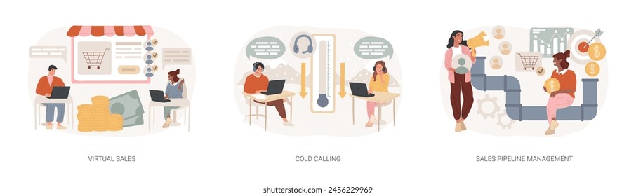 Sales management team isolated concept vector illustration set. Virtual sales, cold calling, sales pipeline management, call center, CRM lead conversion, telemarketing script vector concept.