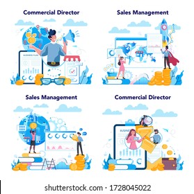 Sales Manager Or Commercial Director Concept Set. Business Planning And Sales Growth. Sales Promotion And Comercial Operations Concept. Vector Illustration In Cartoon Style