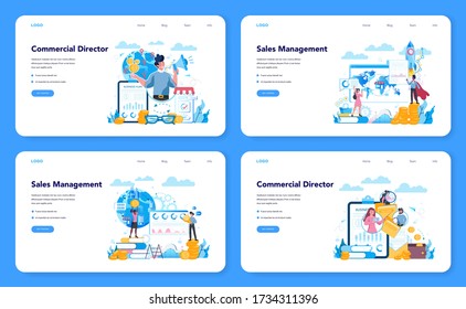 Sales manager or commercial director concept web banner or landing page set. Business planning and sales growth. Sales promotion and comercial operations concept. Vector illustration in cartoon style