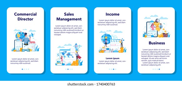 Sales manager or commercial director concept mobile application banner set. Business planning and sales growth. Sales promotion and comercial operations concept. Vector illustration in cartoon style