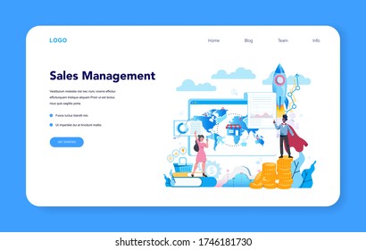 Sales manager or commercial director concept web banner or landing page. Business planning and sales growth. Sales promotion and comercial operations concept. Vector illustration in cartoon style