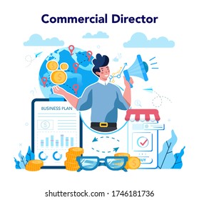 Sales manager or commercial director concept. Business planning and sales growth. Sales promotion and comercial operations concept. Vector illustration in cartoon style