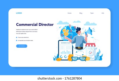 Sales manager or commercial director concept web banner or landing page. Business planning and sales growth. Sales promotion and comercial operations concept. Vector illustration in cartoon style