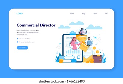 Sales manager or commercial director concept web banner or landing page. Business planning and sales growth. Sales promotion and comercial operations concept. Vector illustration in cartoon style