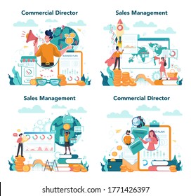 Sales manager or commercial director concept set. Business planning and sales growth. Sales promotion and comercial operations concept. Vector illustration in cartoon style