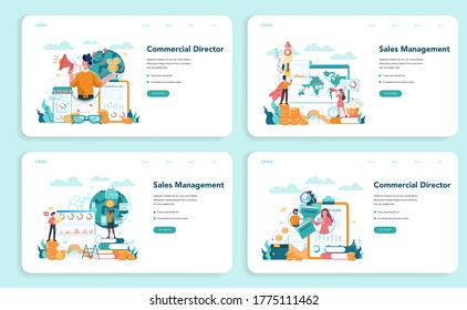 Sales manager or commercial director concept web banner or landing page set. Business planning and sales growth. Sales promotion and comercial operations concept. Vector illustration in cartoon style