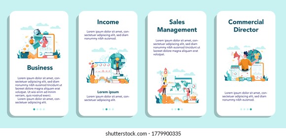 Sales manager or commercial director concept mobile application banner set. Business planning and sales growth. Sales promotion and comercial operations concept. Vector illustration in cartoon style