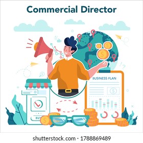 Sales manager or commercial director concept. Business planning and sales growth. Sales promotion and comercial operations concept. Vector illustration in cartoon style