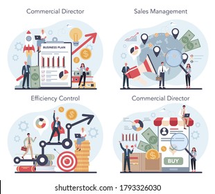 Sales manager or commercial director concept set. Business planning and sales growth. Sales promotion and comercial operations concept. Vector illustration in cartoon style