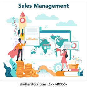 Sales manager or commercial director concept. Business planning and sales growth. Sales promotion and comercial operations concept. Vector illustration in cartoon style