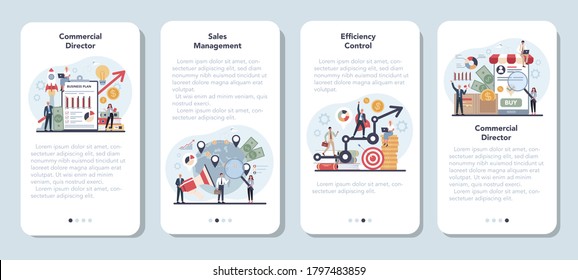 Sales manager or commercial director concept mobile application banner set. Business planning and sales growth. Sales promotion and comercial operations concept. Vector illustration in cartoon style