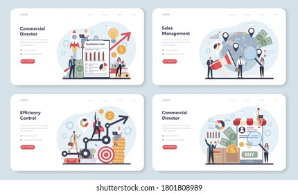 Sales manager or commercial director concept web banner or landing page set. Business planning and sales growth. Sales promotion and comercial operations concept. Vector illustration in cartoon style