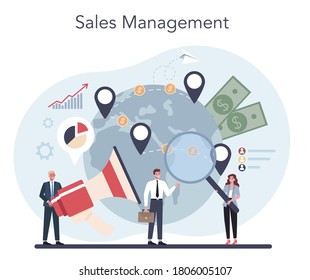 Sales manager or commercial director concept. Business planning and sales growth. Sales promotion and comercial operations concept. Vector illustration in cartoon style