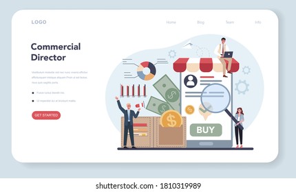 Sales manager or commercial director concept web banner or landing page. Business planning and sales growth. Sales promotion and comercial operations concept. Vector illustration in cartoon style