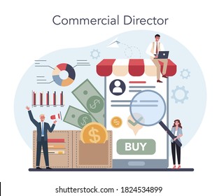 Sales manager or commercial director concept. Business planning and sales growth. Sales promotion and comercial operations concept. Vector illustration in cartoon style