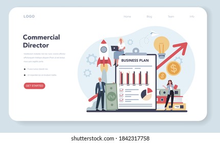 Sales manager or commercial director concept web banner or landing page. Business planning and sales growth. Sales promotion and comercial operations concept. Vector illustration in cartoon style