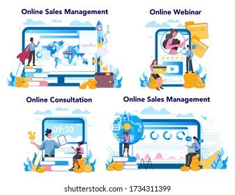 Sales manager or commercial director online service or platform set. Sales promotion and comercial operations concept. Online consultation, webinar and website. Vector illustration in cartoon style