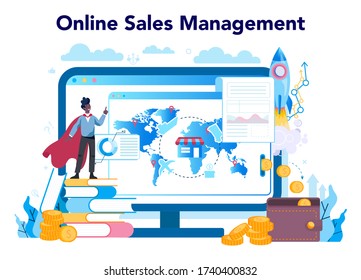 Sales manager or commercial director online service or platform. Sales promotion and comercial operations concept. Website. Vector illustration in cartoon style