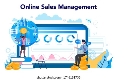 Sales manager or commercial director online service or platform. Sales promotion and comercial operations concept. Website. Vector illustration in cartoon style