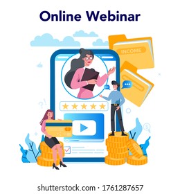 Sales manager or commercial director online service or platform. Sales promotion and comercial operations concept. Online webinar. Vector illustration in cartoon style