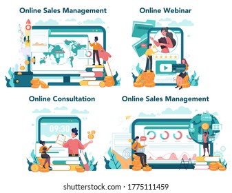 Sales manager or commercial director online service or platform set. Sales promotion and comercial operations concept. Online consultation, webinar and website. Vector illustration in cartoon style