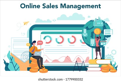 Sales manager or commercial director online service or platform. Sales promotion and comercial operations concept. Website. Vector illustration in cartoon style