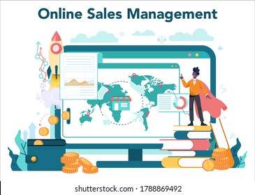 Sales manager or commercial director online service or platform. Sales promotion and comercial operations concept. Website. Vector illustration in cartoon style