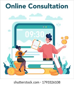 Sales manager or commercial director online service or platform. Sales promotion and comercial operations concept. Online consultation. Vector illustration in cartoon style