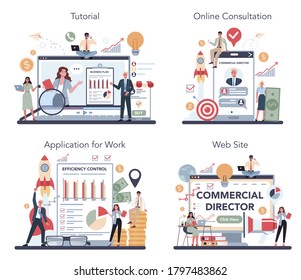 Sales manager or commercial director online service or platform set. Business planning and sales promotion. Online consultation, tutorial, application, website. Vector illustration