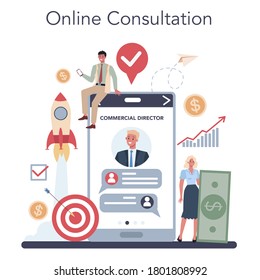 Sales manager or commercial director online service or platform. Business planning and sales promotion. Online consultation. Vector illustration