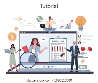 Sales manager or commercial director online service or platform. Business planning and sales promotion. Online tutorial. Vector illustration