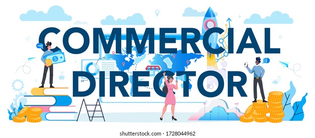 Sales Manager Or Commercial Director Typographic Header Concept. Business Planning And Sales Growth. Sales Promotion And Comercial Operations Concept. Vector Illustration In Cartoon Style