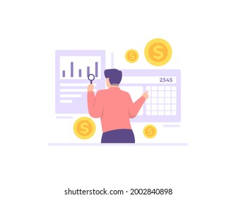 Sales Manager Concept And Budget. Illustration Of A Male Accountant Checking The Company's Financial Income And Expenditure Reports. Analyze And Calculate Data. Flat Cartoon Style. Vector Design