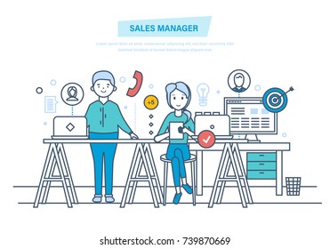 Sales manager. Financial growth, methods to increase revenue, performance indicators. Market research, b2b, sales. Consultation on phone manager, call. Illustration thin line design of vector doodles.