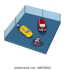 sales manager giving advice to his couple clients in car showroom,vector illustration