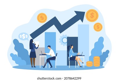 Sales managers concept. Earning metaphor. Employees in office. Corporation development. Income growth, charts, statistics. Accounting, promotion operations. Cartoon flat vector illustration