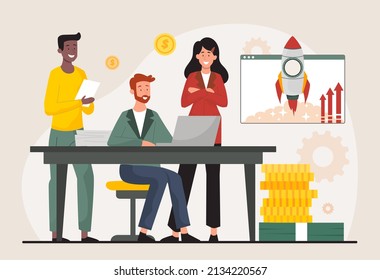 Sales managers concept. Men and girls next to laptop counting profits. Evaluation of companys income and expenses. Financial literacy and passive income metaphor. Cartoon flat vector illustration