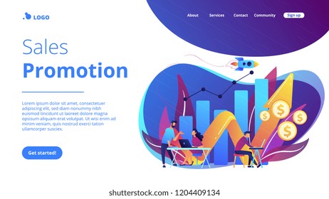Sales managers with laptops and growth chart. Sales growth and manager, accounting, sales promotion and operations concept on white background. Website vibrant violet landing web page template.