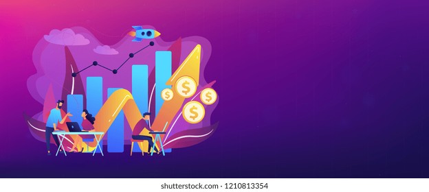 Sales managers with laptops and growth chart. Sales growth and manager, accounting, sales promotion and operations concept on white background. Header or footer banner template with copy space.