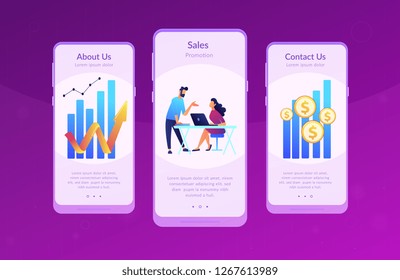 Sales managers with laptops and growth chart. Sales growth and manager, accounting, sales promotion and operations concept on white background. Mobile UI UX GUI template, app interface wireframe