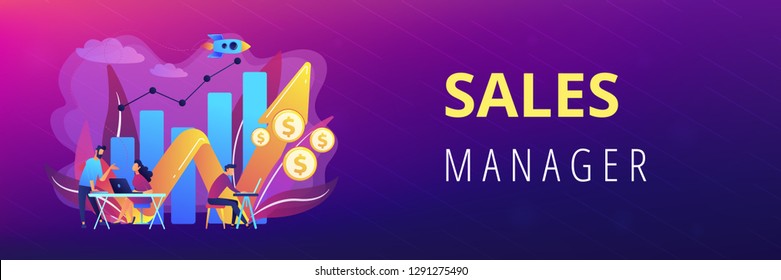 Sales managers with laptops and growth chart. Sales growth and manager, accounting, sales promotion and operations concept on white background. Header or footer banner template with copy space.