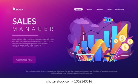 Directores de ventas con laptops y gráfico de crecimiento. Crecimiento y gestión de ventas, contabilidad, promoción de ventas y concepto de operaciones sobre fondo blanco. Plantilla de página web de aterrizaje violeta vibrante del sitio web.