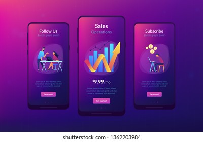 Sales managers with laptops and growth chart. Sales growth and manager, accounting, sales promotion and operations concept on white background. Mobile UI UX GUI template, app interface wireframe