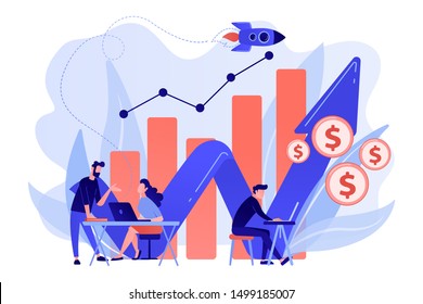 Sales managers with laptops and growth chart. Sales growth and manager, accounting, sales promotion and operations concept on white background. Living coral blue vector isolated illustration