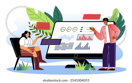 Equipo de gerentes de ventas. Hombre y mujer cerca de la pantalla de la computadora con tablero con gráficos y diagramas. Los analistas llevan a cabo investigaciones de marketing. Ilustración vectorial plana aislada sobre fondo blanco