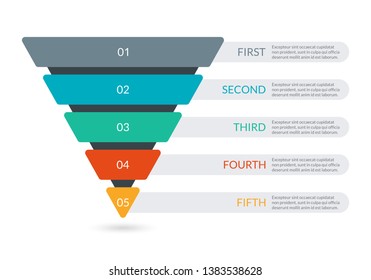 Sales and Marketing Funnel. Business pyramid template with 5 steps. Conversion cone process. Vector illustration.