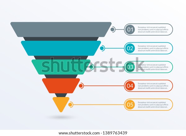 Sales and\
Marketing Funnel. Business pyramid template with 5 steps.\
Conversion cone process. Vector\
illustration.