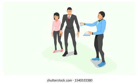 a sales marketing gives a brochure to a couple who is walking in front of him. share advertisements with brochure paper media. face to face promotion offers products.